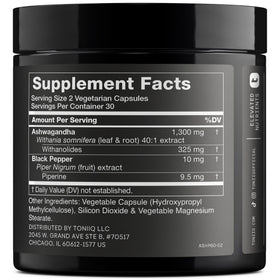 Dos de l'emballage de Toniiq Ashwagandha avec détails nutritionnels