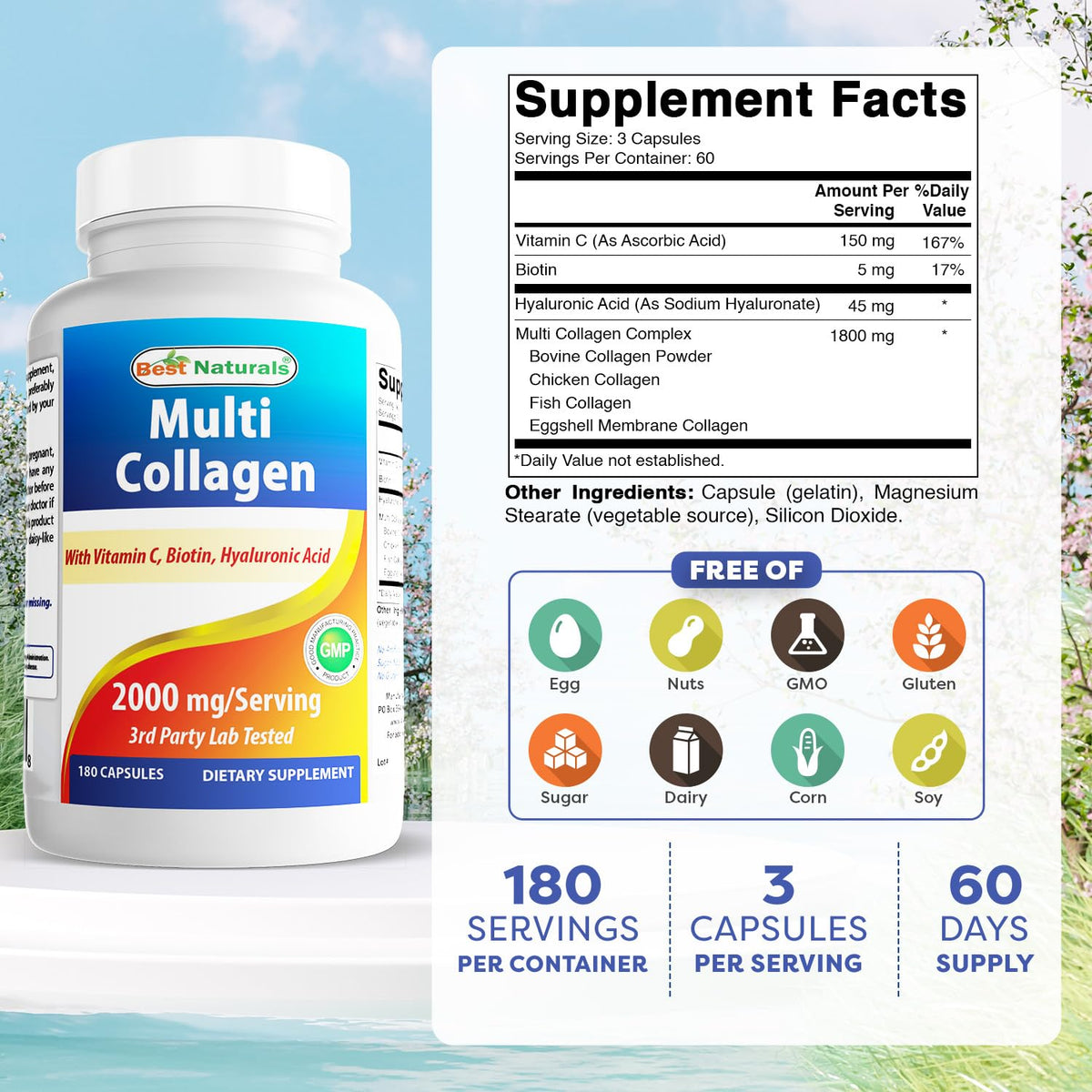 Dos de l'emballage des capsules de collagène Best Naturals