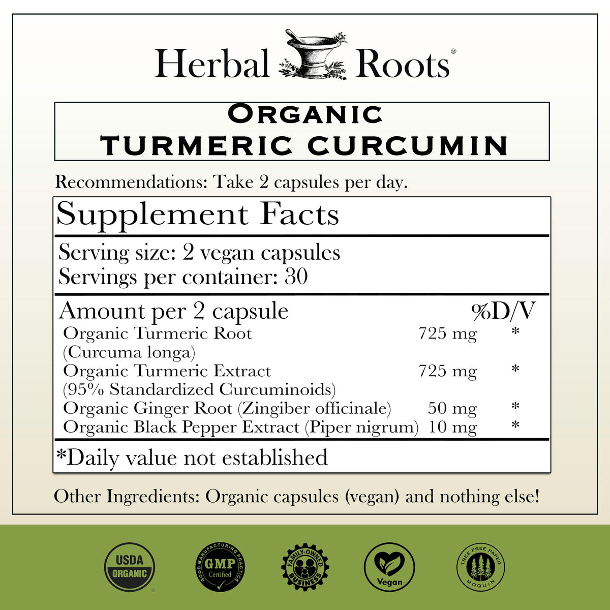 Dos de l'emballage des capsules de curcuma bio Herbal Roots
