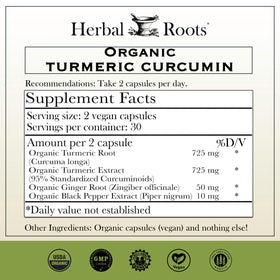 Dos de l'emballage des capsules de curcuma bio Herbal Roots