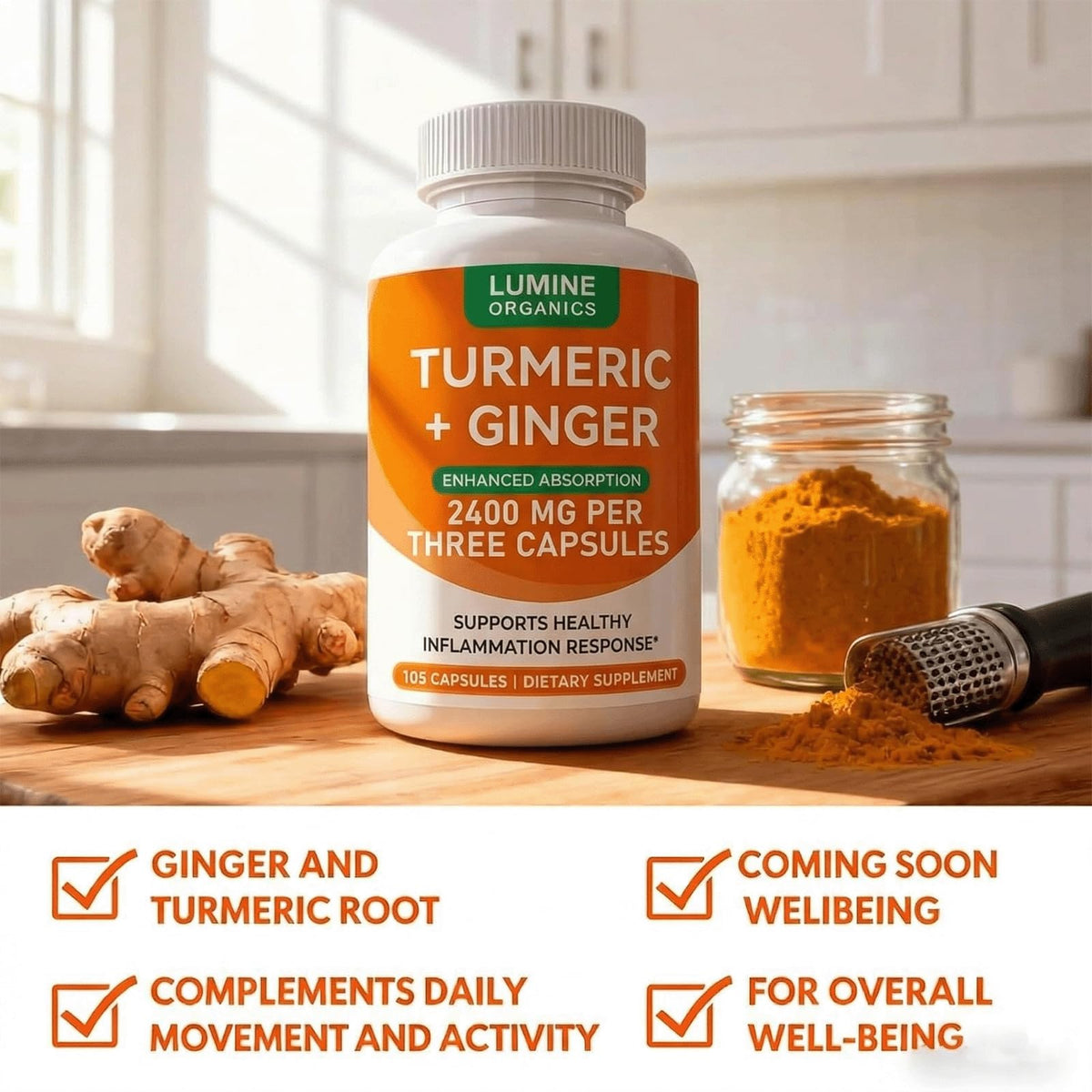 Dos de l'emballage du complément Lumine Organic Curcuma Curcumin