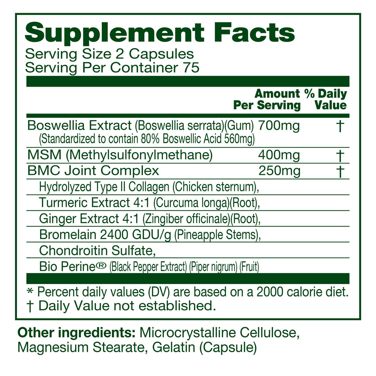 Dos de l'emballage du Complexe Boswellia MSM 150 Caps