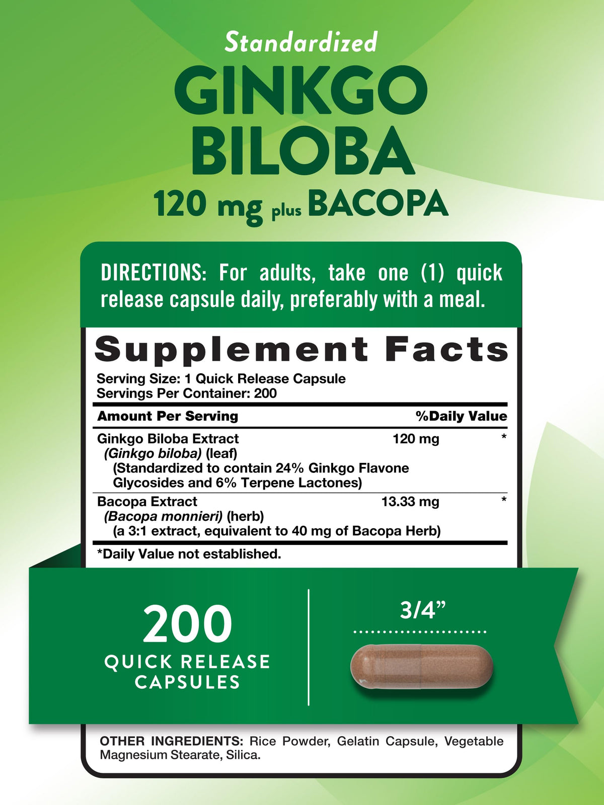 Dos de l'emballage Nature's Truth Ginkgo Biloba 120mg, ingrédients et informations