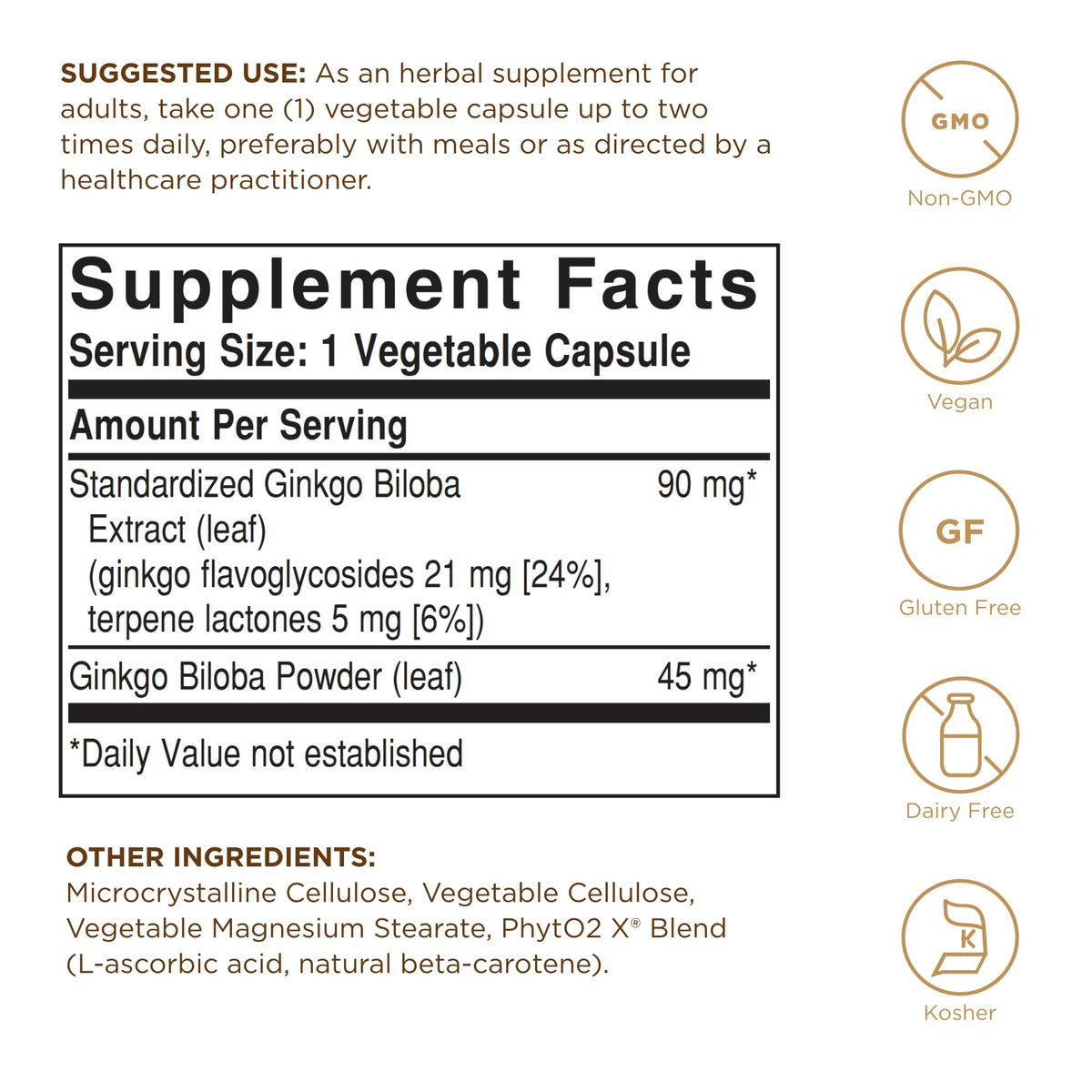 Dos de l'emballage Solgar Ginkgo Biloba avec détails de composition