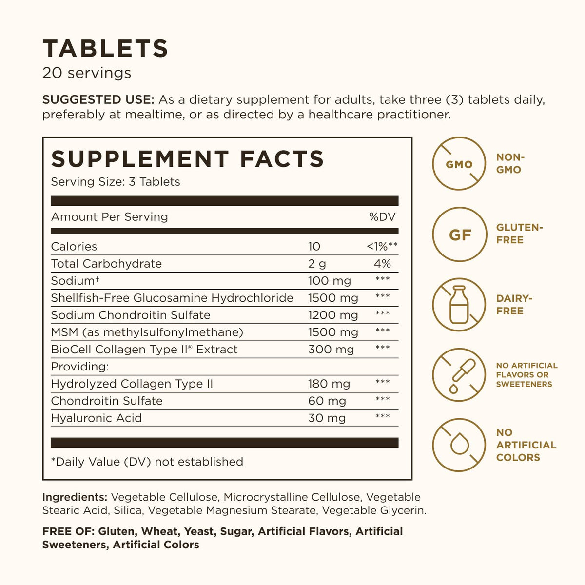 Dos de l'emballage Solgar Glucosamine Acide Hyaluronique Chondroïtine MSM