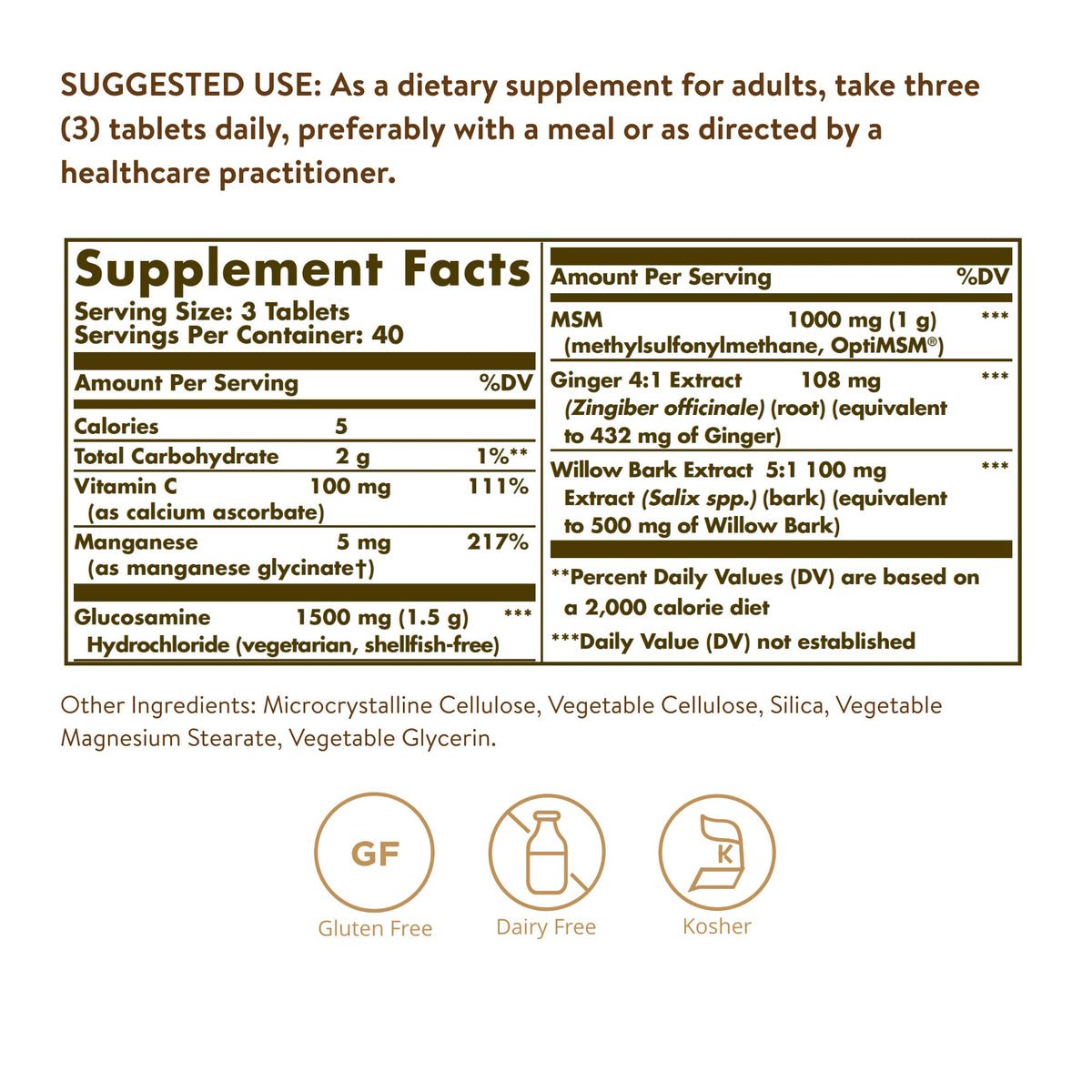 Dos de l'emballage Solgar Glucosamine MSM Complex