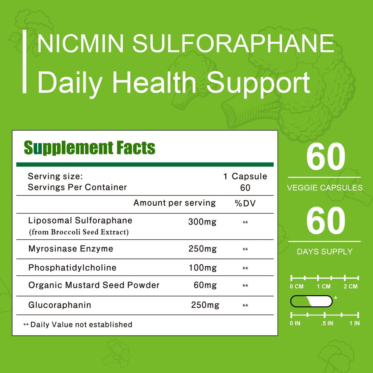 Dos de la boîte de compléments NICMIN Sulforaphane, informations nutritionnelles