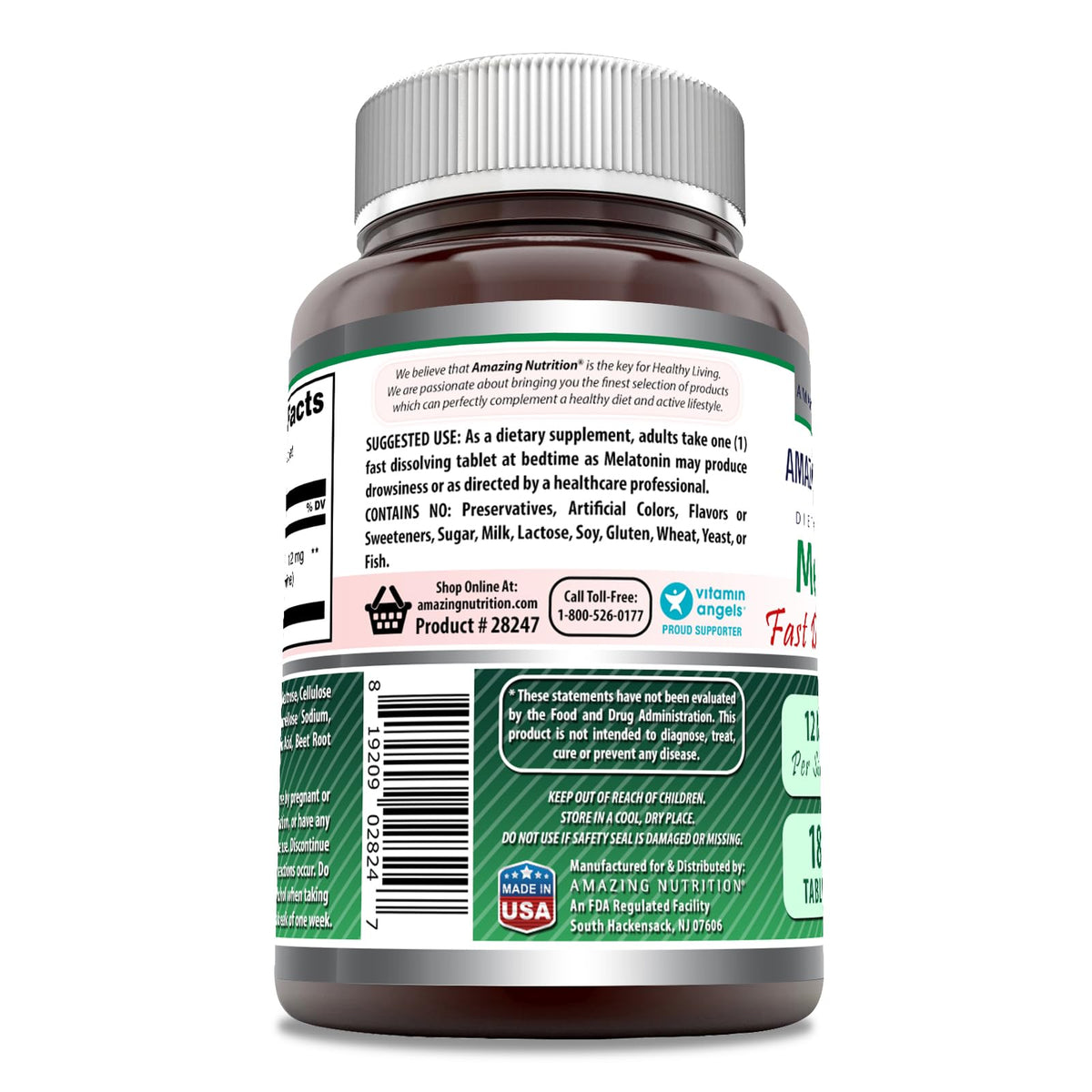 Dos de la boîte de mélatonine 12 mg Amazing Nutrition avec informations nutritionnelles