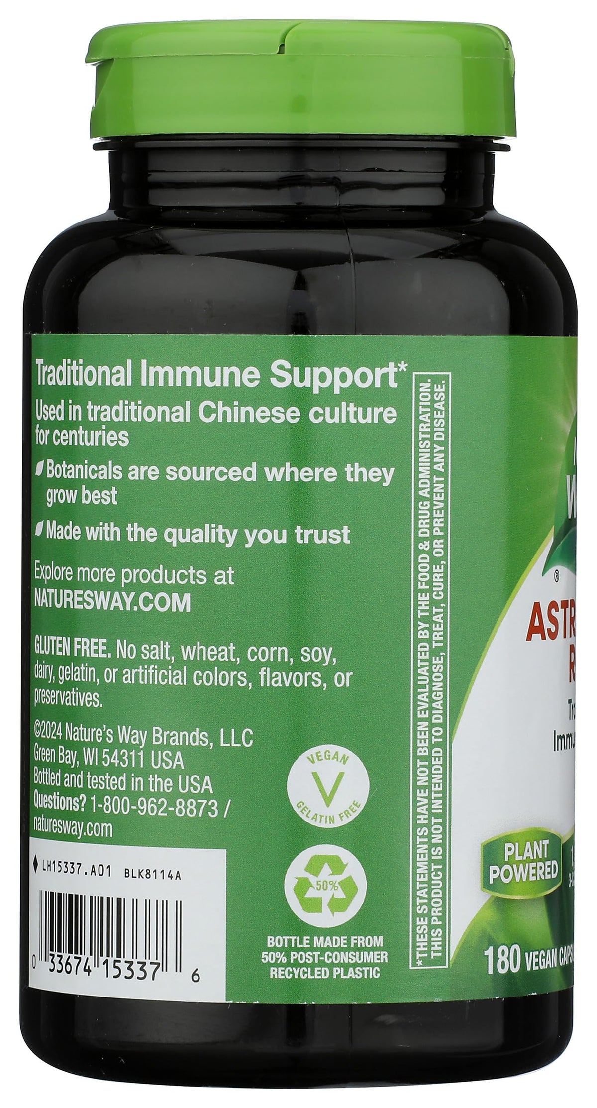 Dos de la boîte de Nature's Way Astragalus Racine 180 capsules