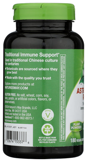 Dos de la boîte de Nature's Way Astragalus Racine 180 capsules
