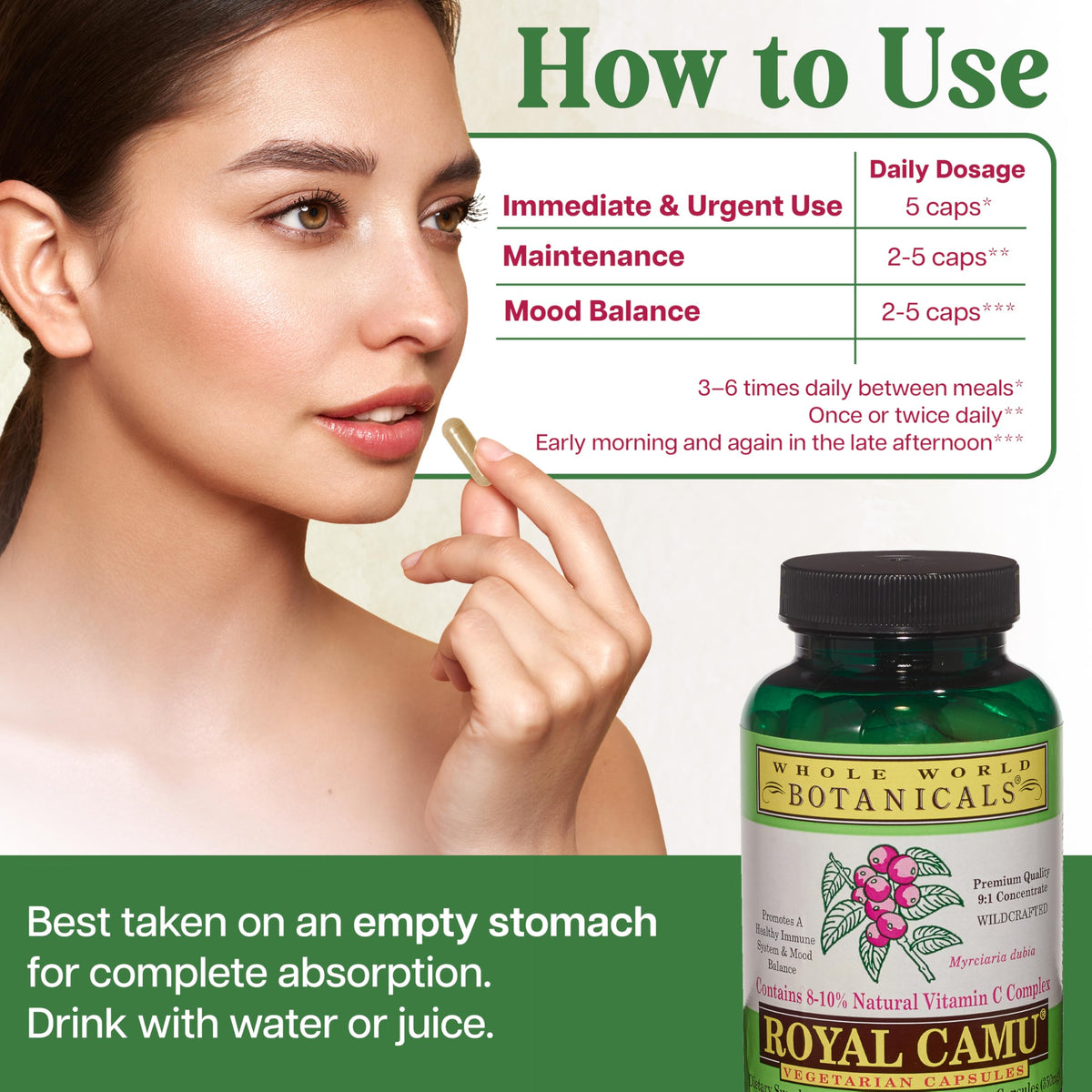 Dos de la boîte de Royal Camu Whole World Botanicals avec informations