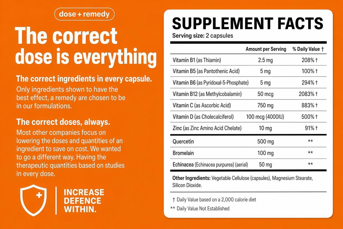 Dos de la bouteille de complément alimentaire dose + remedy