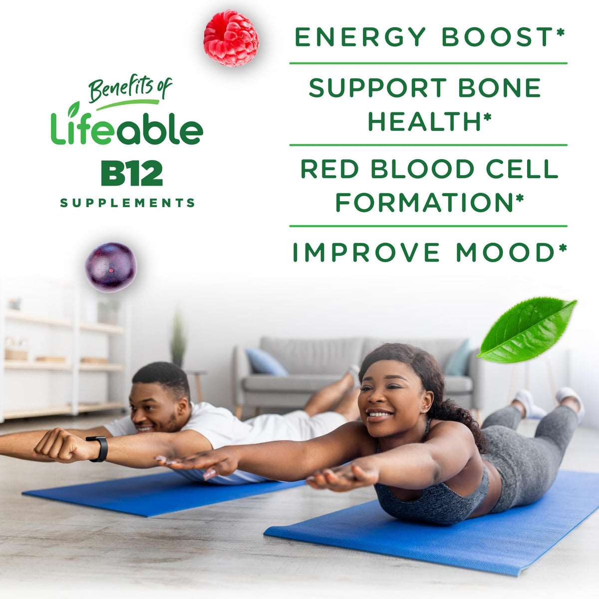 Dos de la bouteille de gummies de vitamine B12 Lifeable montrant les ingrédients