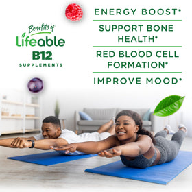 Dos de la bouteille de gummies de vitamine B12 Lifeable montrant les ingrédients