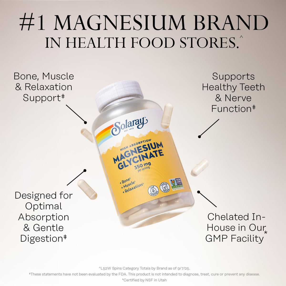 Dos de la bouteille de Magnésium Glycinate SOLARAY avec informations nutritionnelles