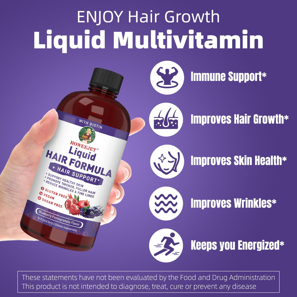 Dos de la bouteille de multivitamines liquides HOWEEJET avec informations nutritionnelles