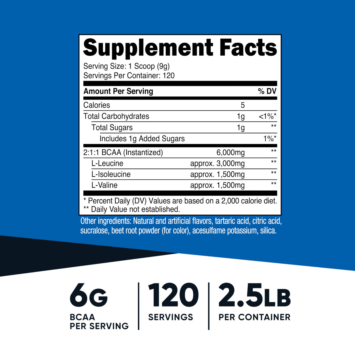 Dos de la bouteille de poudre BCAA Nutricost