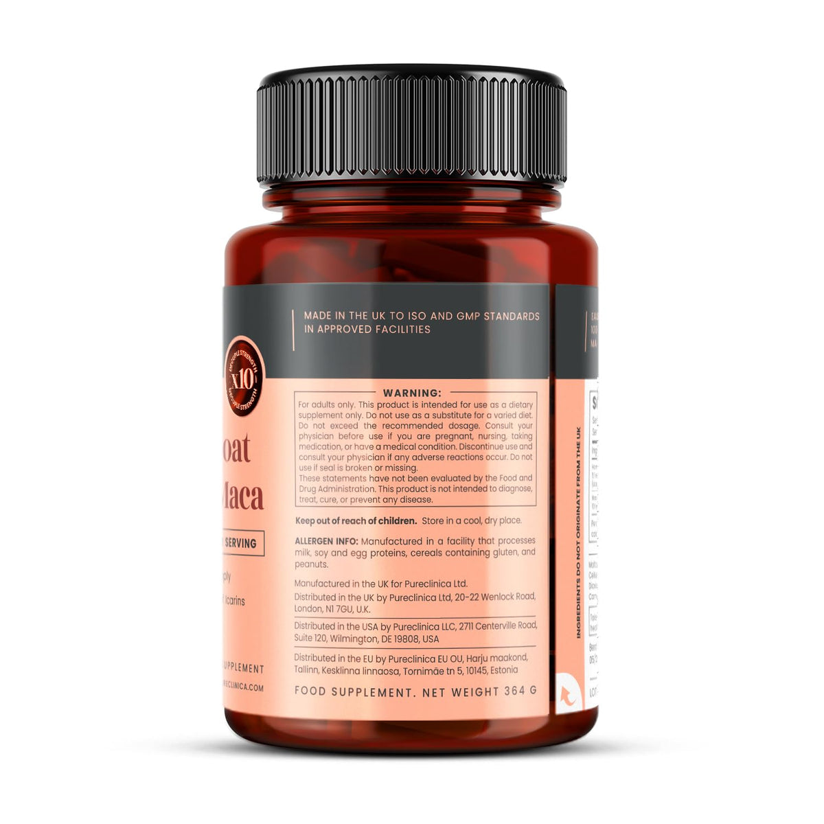 Dos de la bouteille de pureclinica, informations nutritionnelles