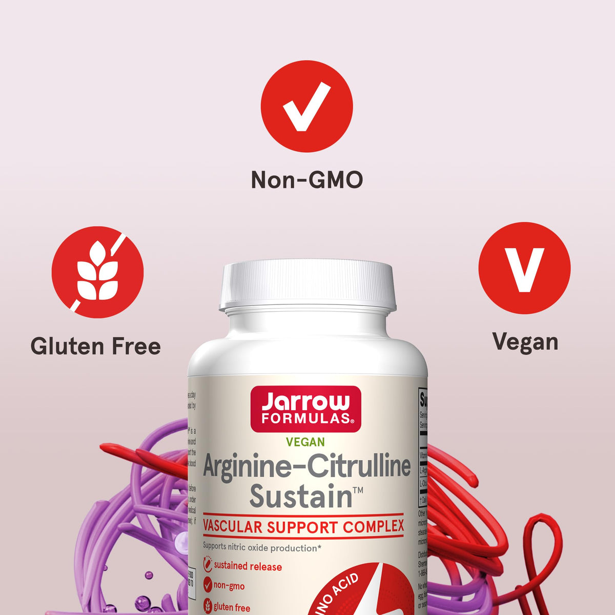 Dos de la bouteille Jarrow Formulas Arginine-Citrulline Sustain affichant les ingrédients