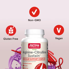 Dos de la bouteille Jarrow Formulas Arginine-Citrulline Sustain affichant les ingrédients