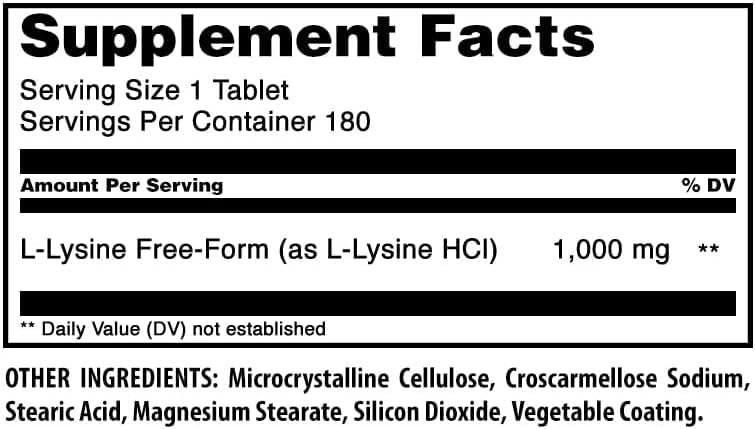 Dos de la bouteille L-Lysine Amazing Nutrition avec informations nutritionnelles