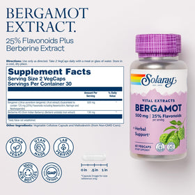 Dos de la bouteille SOLARAY Bergamot 500 mg avec ingrédients