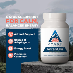Dos du flacon de Ayush Herbs AdrenOm avec informations nutritionnelles