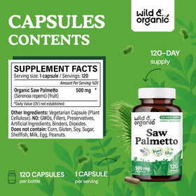 Dos du flacon de capsules de Saw Palmetto Wild & Organic