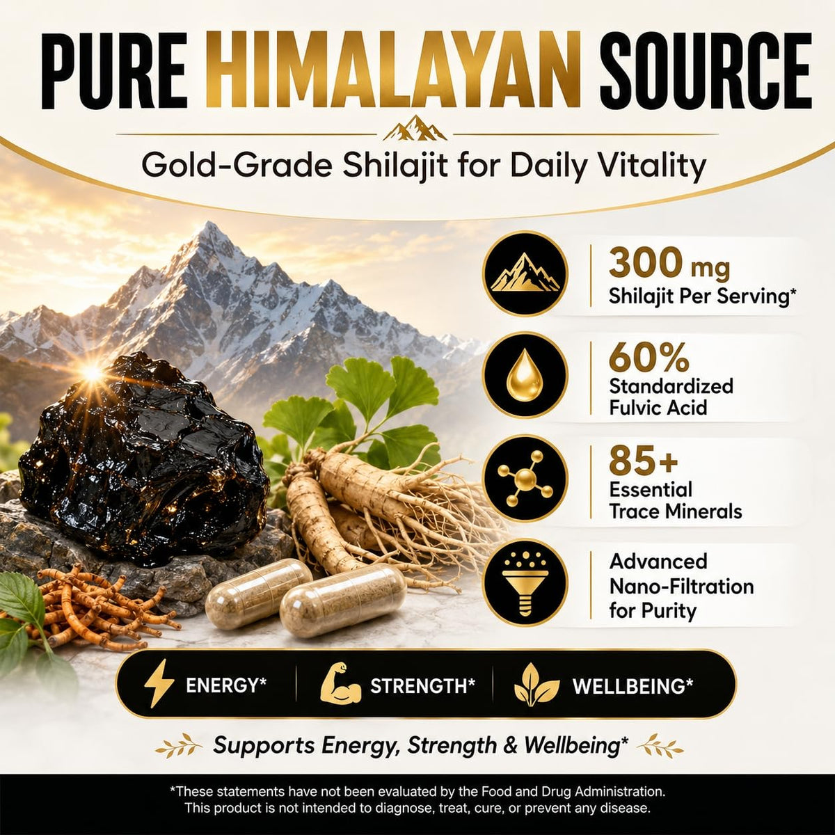 Dos du flacon de Capsules de Shilajit avec informations nutritionnelles