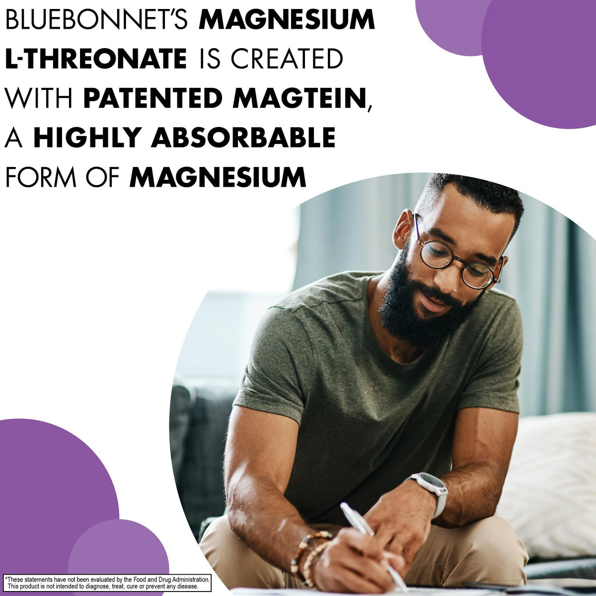 Dos du flacon de Magnésium L-Thréonate BlueBonnet avec informations nutritionnelles