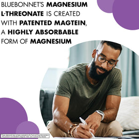 Dos du flacon de Magnésium L-Thréonate BlueBonnet avec informations nutritionnelles