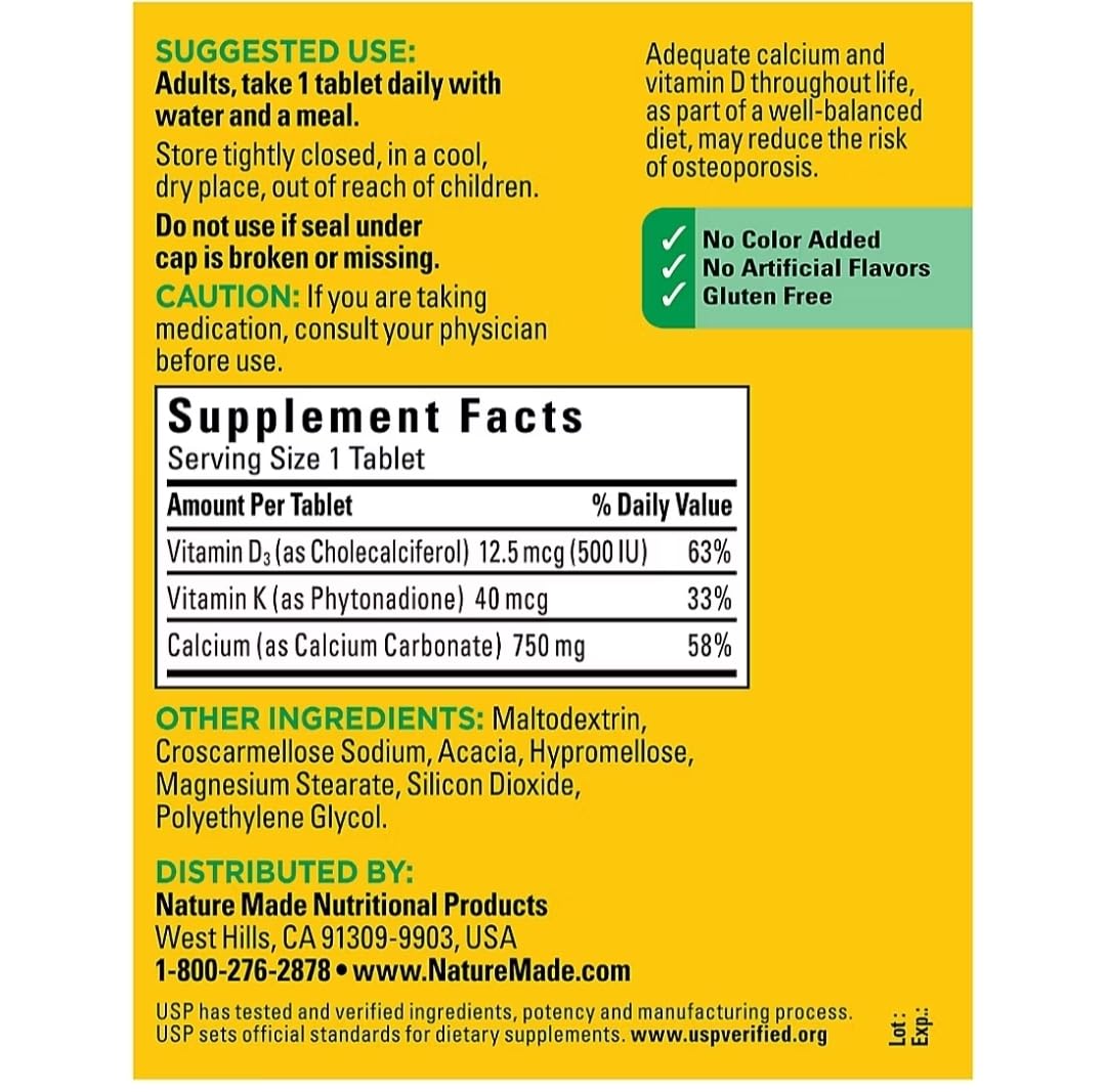 Dos du flacon de Nature Made Calcium 750 mg avec D3 et K