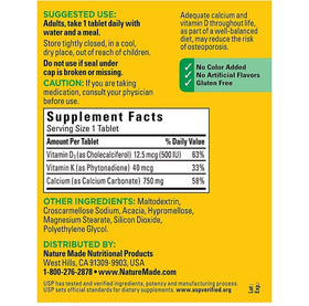 Dos du flacon de Nature Made Calcium 750 mg avec D3 et K
