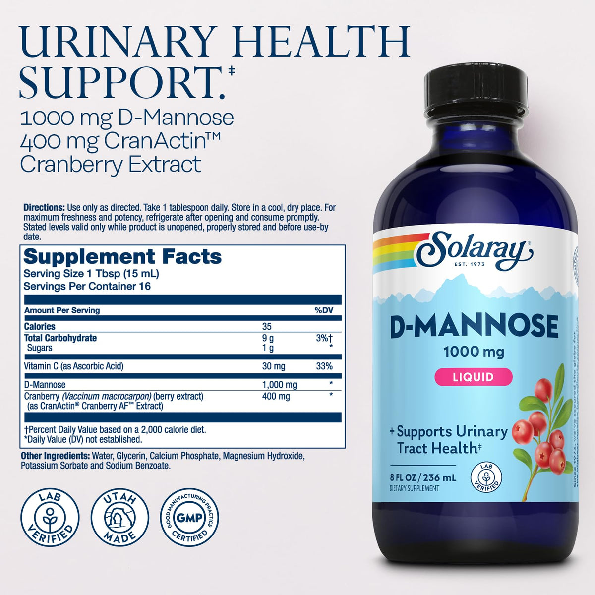 Dos du flacon de SOLARAY D-Mannose 1000 mg