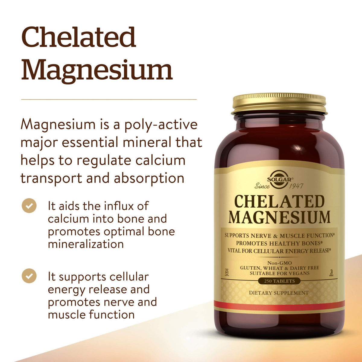 Dos du flacon de Solgar Magnésium Chélaté avec informations nutritionnelles