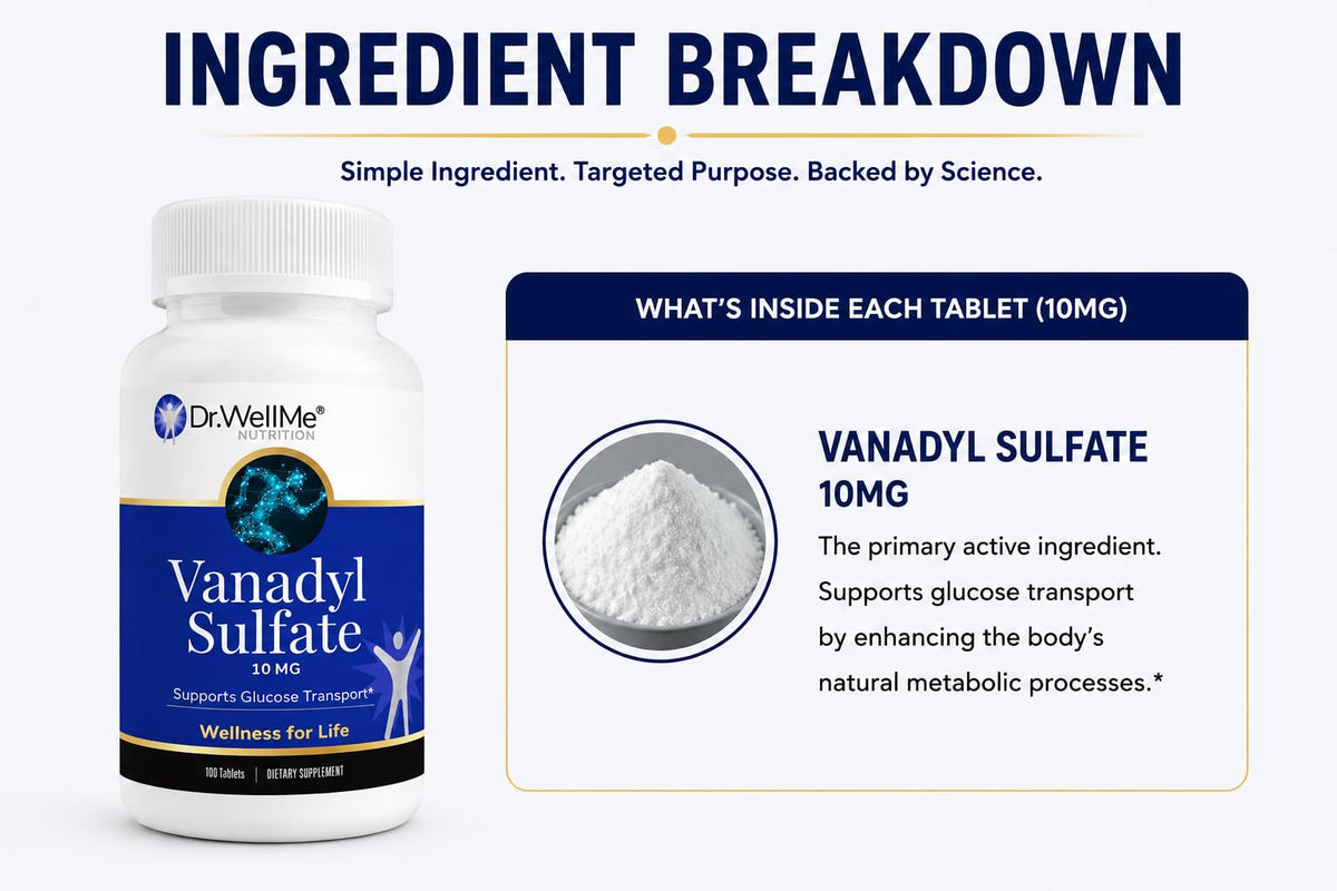 Dos du flacon de sulfate de vanadium 10mg de DR WELLME NUTRITION