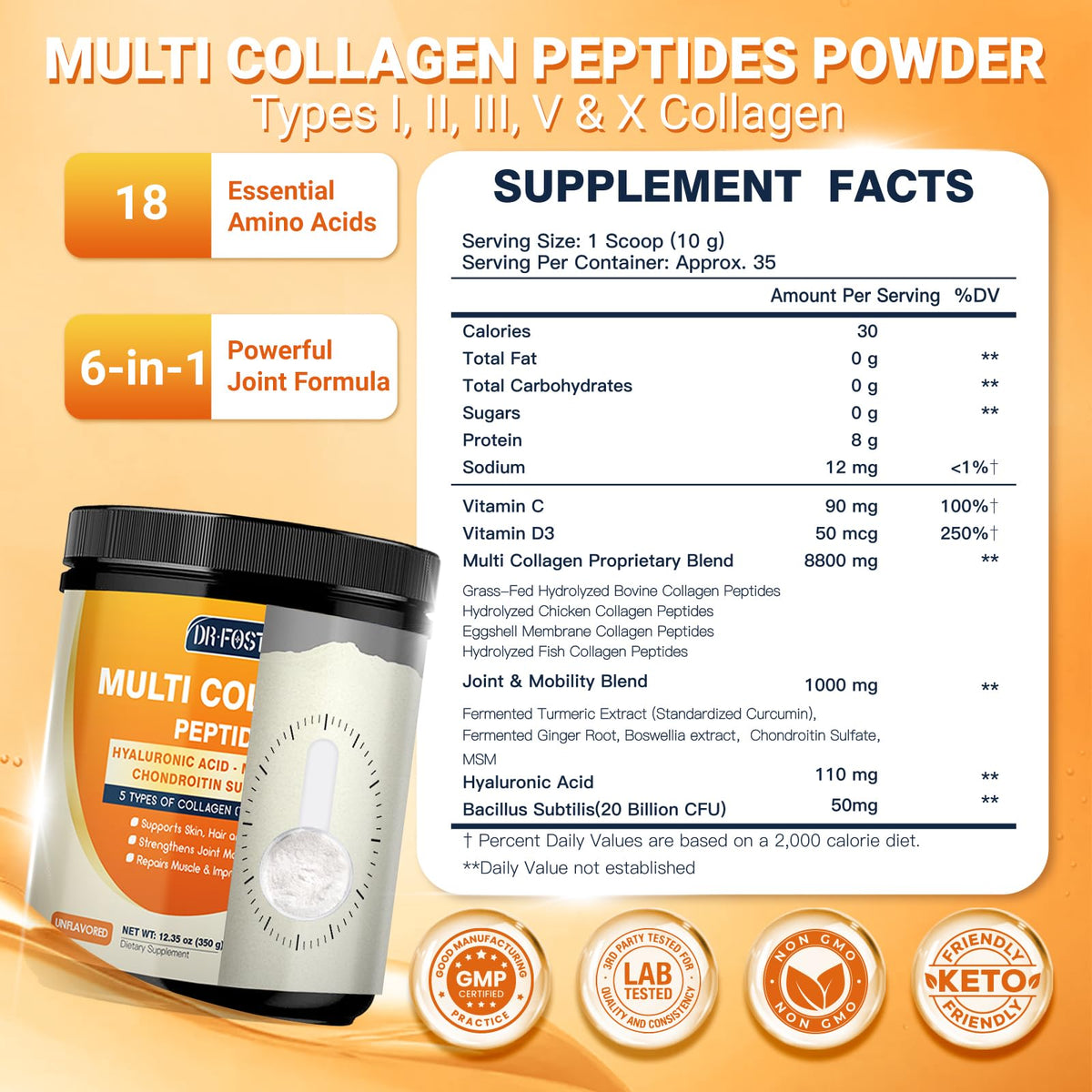 Dos du pot de Multi Collagen Peptides DRFOSTER avec informations nutritionnelles