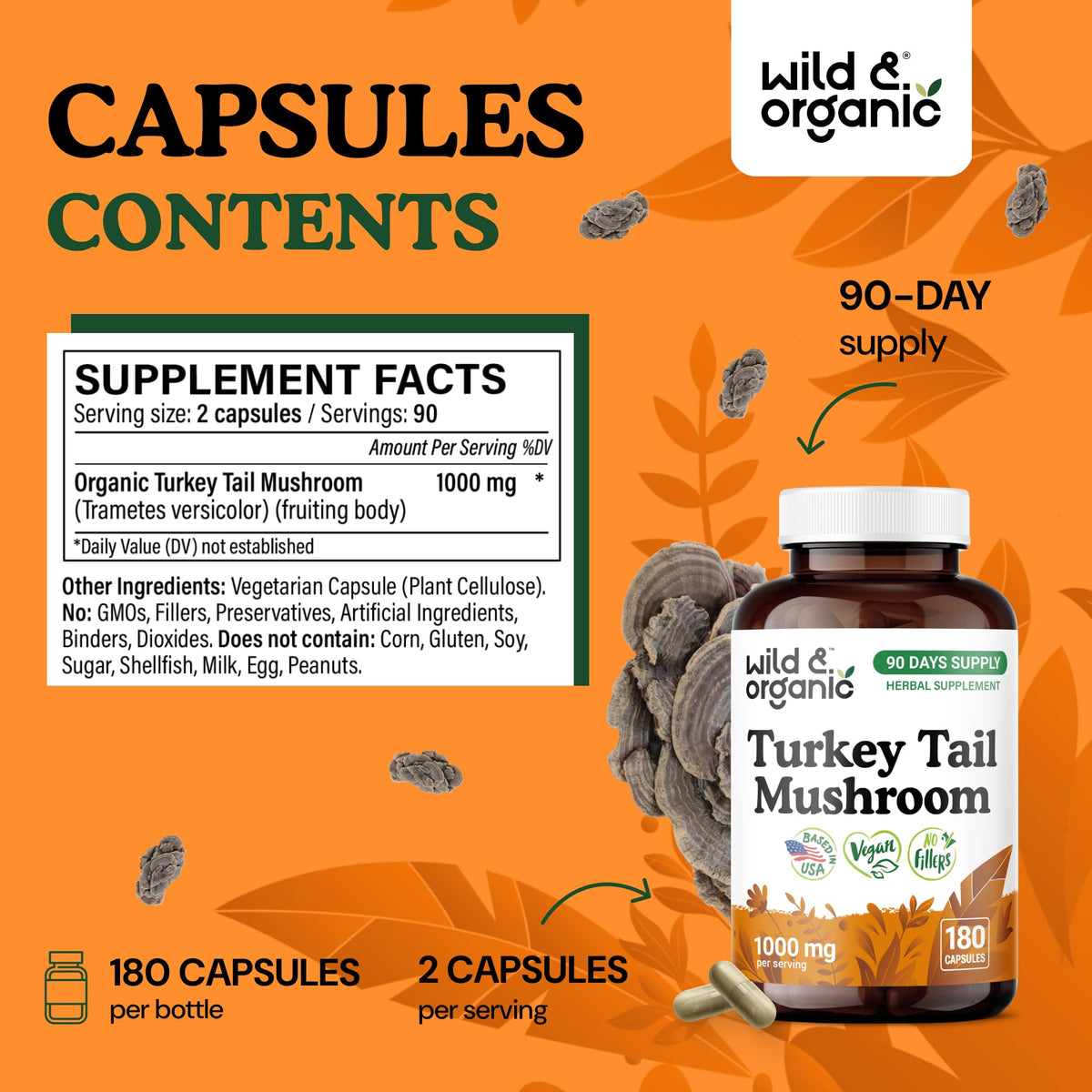 Dosage de 1000 mg par capsule de queue de dinde Wild & Organic