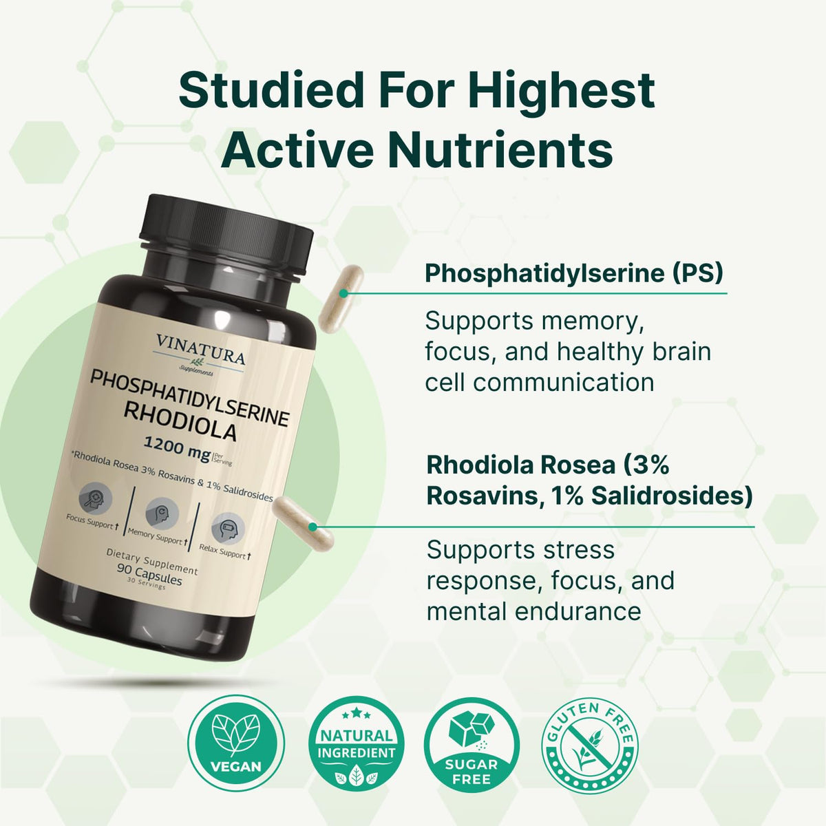 Dosage de 1200mg de Phosphatidylserine par capsule VINATURA