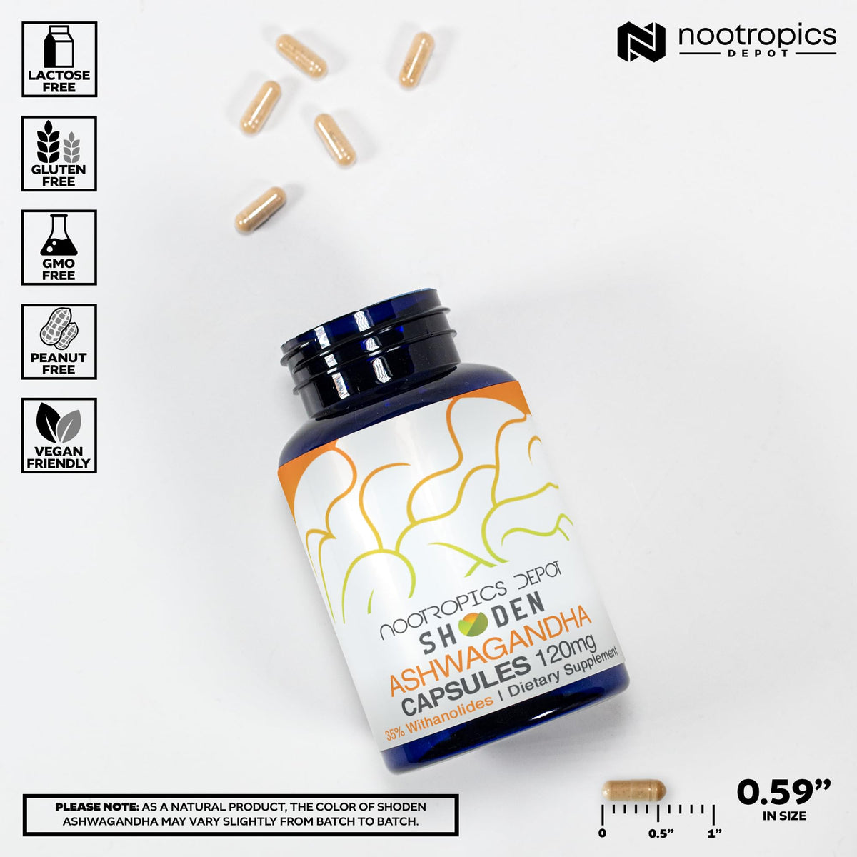 Dosage de 120mg par capsule d'Ashwagandha Nootropics Depot