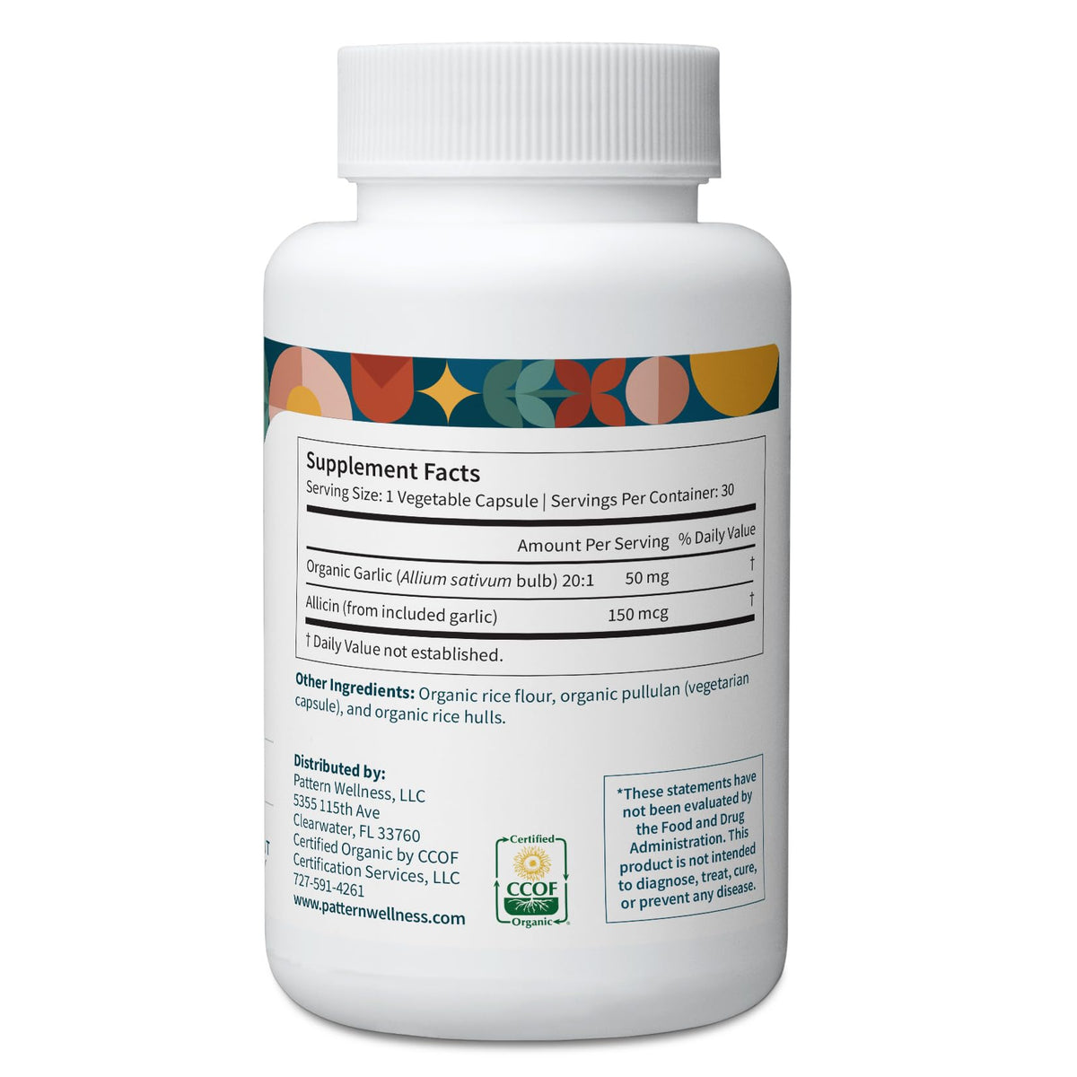 Dosage de 150 mcg d'allicine par capsule d'ail bio Pattern Wellness