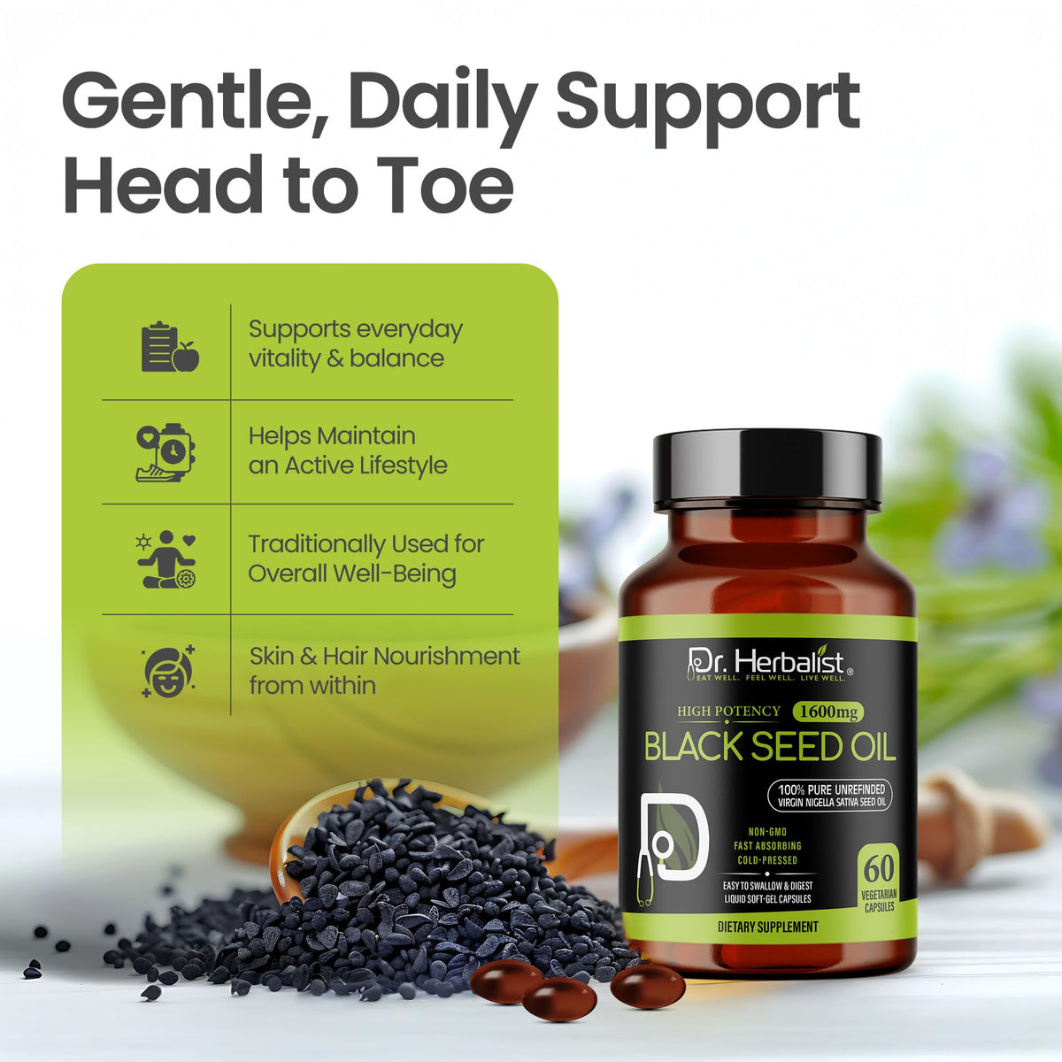 Dosage de 1600mg d'huile de graines noires Dr. HERBALIST