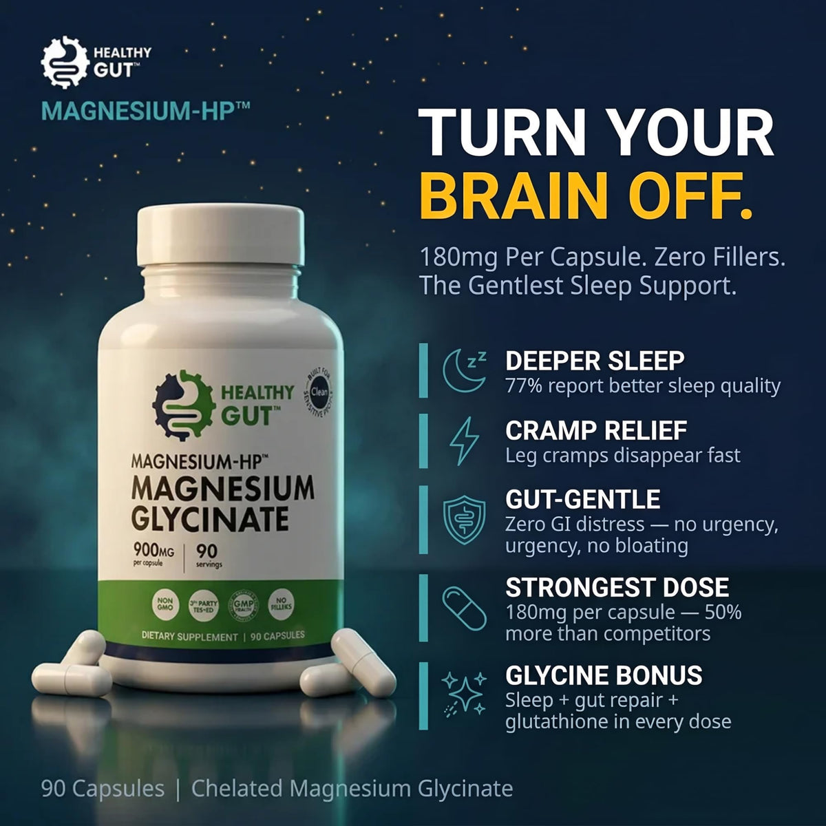 Dosage de 180 mg par capsule de magnésium glycinate Healthy Gut
