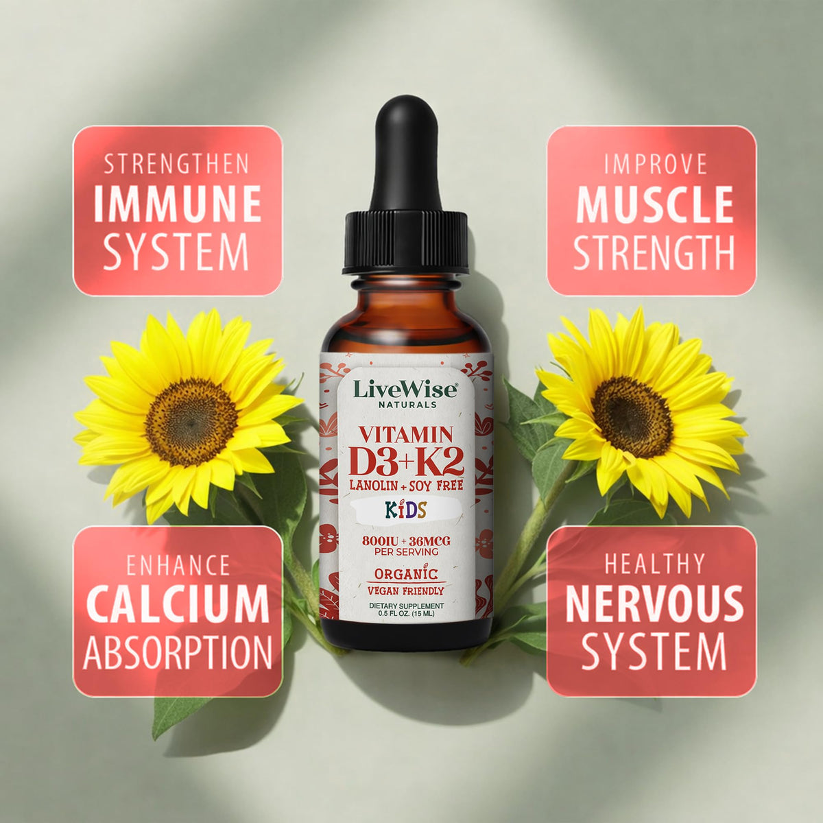 Dosage de 4 gouttes de Vitamine D3 K2 pour enfants