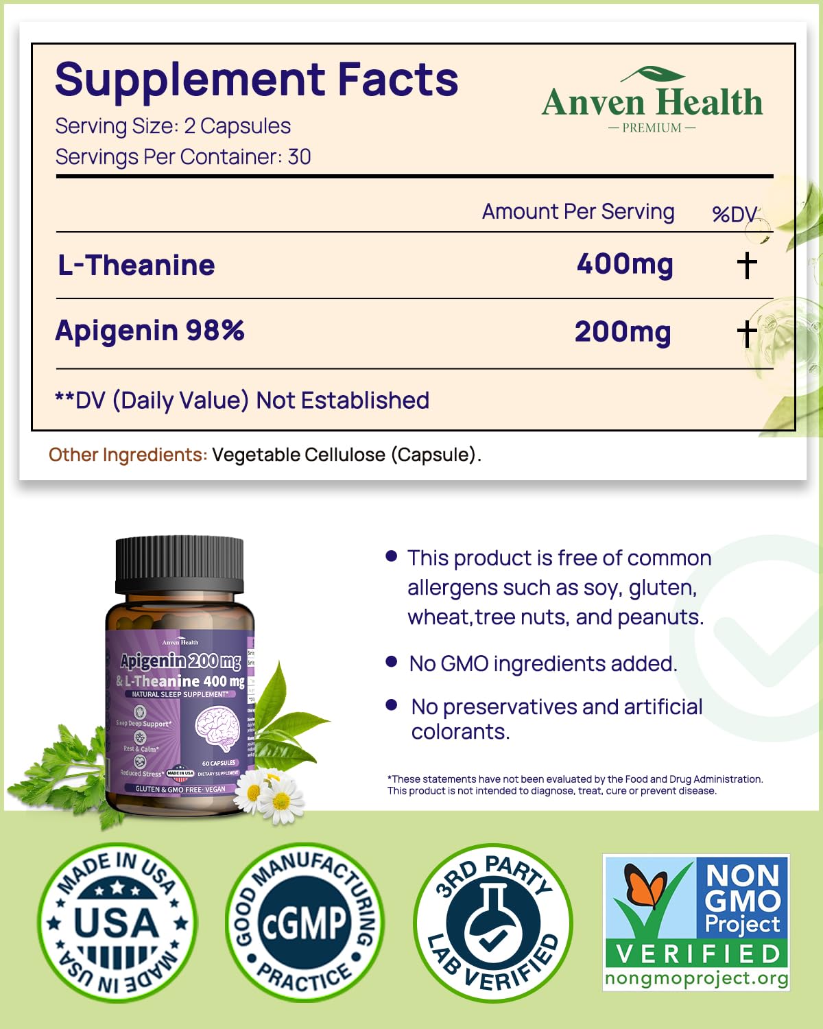 Dosage de 400 mg de L-Théanine et 200 mg d'Apigénine sur l'étiquette