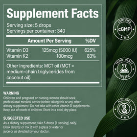 Dosage de 5 gouttes de Vitamine D3 et K2 sur une cuillère