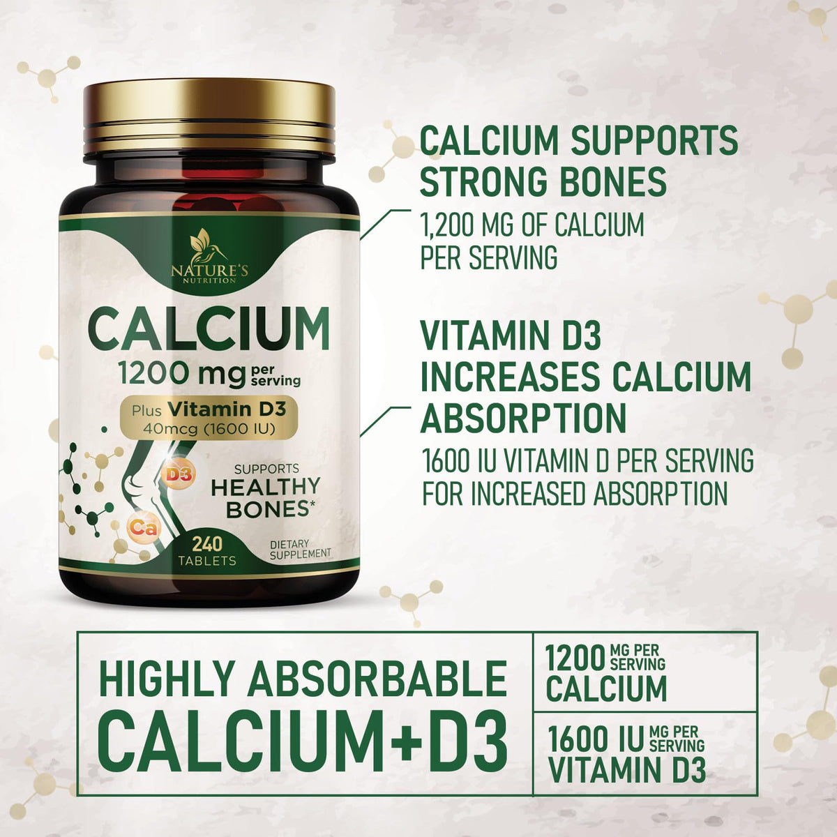 Dosage de Calcium 1200 mg avec Vitamine D3 - Nature's Nutrition, 240 comprimés