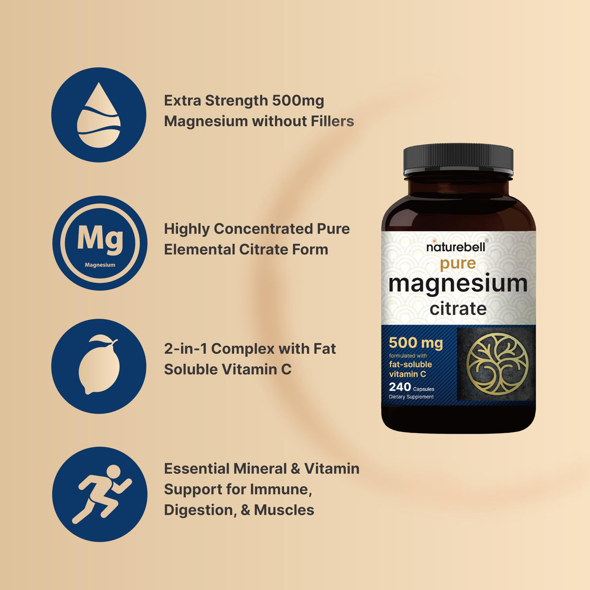 Dosage de NatureBell Citrate de Magnésium Pur, 3 capsules