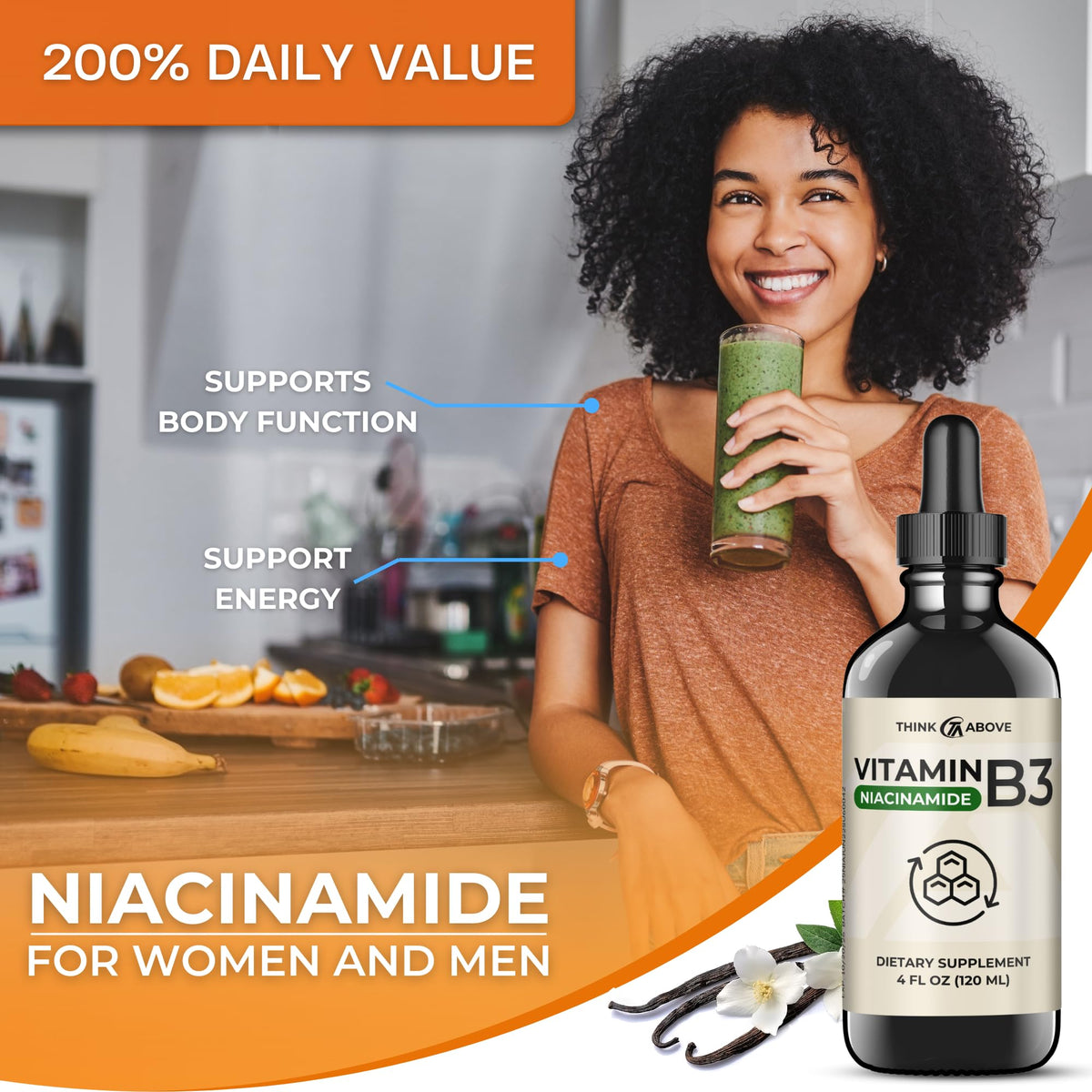 Dosage de niacine liquide Think Above dans une cuillère