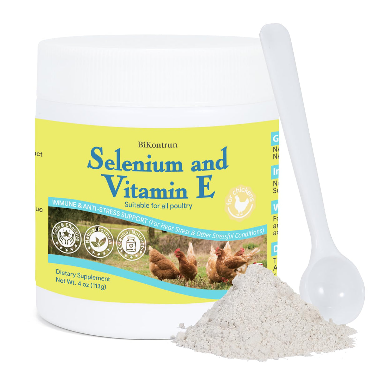 Dosage de Poudre de Sélénium et Vitamine E BiKontrun dans une cuillère